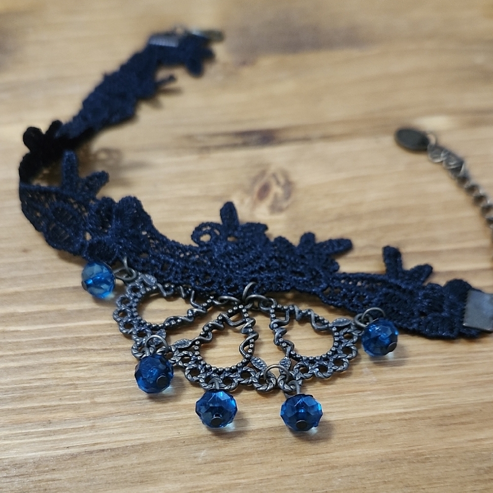 Elegant Black Lace Bracelet with Blue Beads